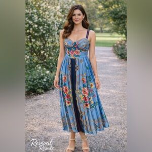 Dalia MacPhee Blue Floral Garden Midi Dress Romantic Cottagecore Spring M